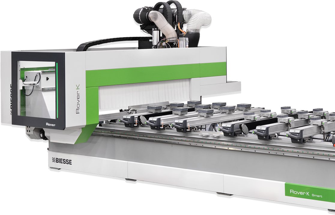 Centre d’usinage à commande numérique Biesse Rover K, blanc et vert.