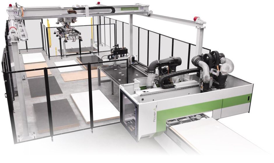 Magasin automatisé de panneaux Biesse Winstore : un portique robotisé au-dessus des piles de panneaux.