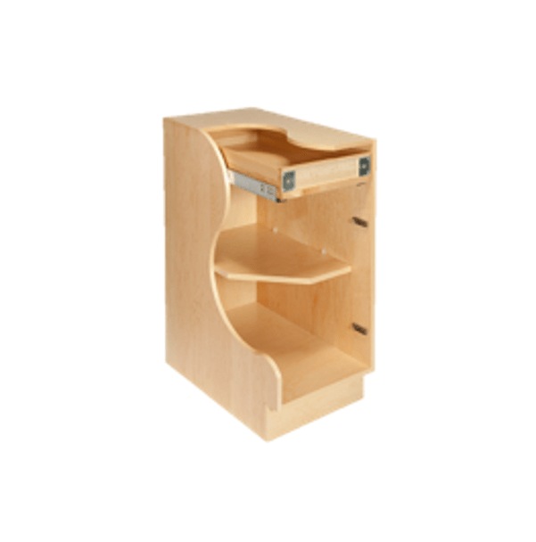 Caisson de base en contreplaqué clair, sans porte, avec tiroir sur coulisses et tablettes.